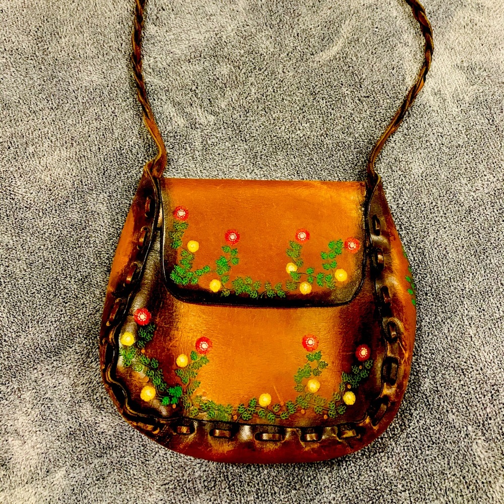 1970s leather handbag, hippie tooled leather purse